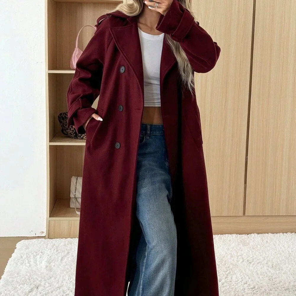 Burgundy Casual Women's Ancora Red Stand Collar Double Breasted Wool Blend Coat - Picture 3 of 7